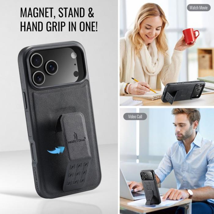 FIERRE SHANN - FIERRE SHANN för iPhone 17 Pro Fodral Kickstand KonstLäder - Svart