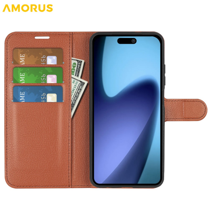 Amorus - AMORUS iPhone Air Plånboksfodral Flipstativ Litchi - Brun