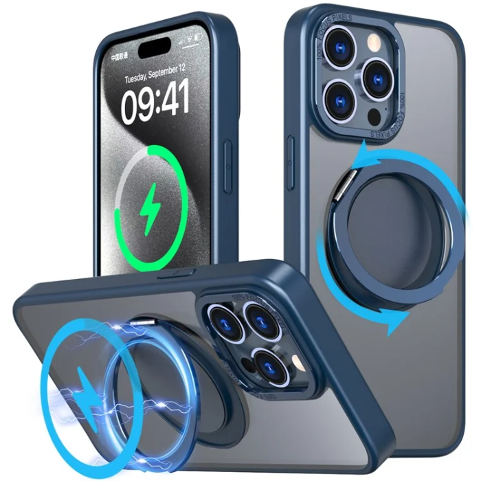 OEM - iPhone 16 Pro Max Mobilskal MagSafe Ring Rotating - Marinblå
