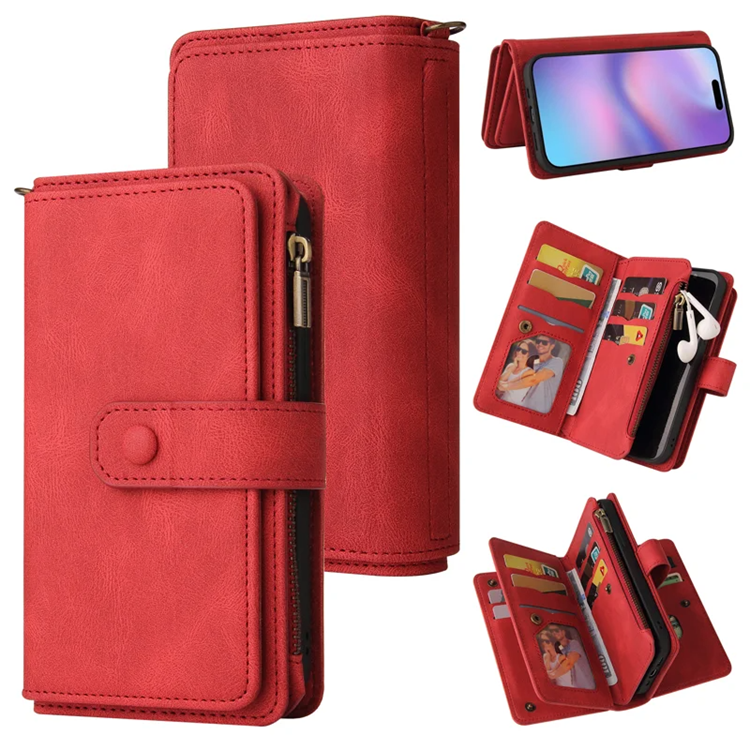 iPhone 17 Konstläder Plånboksfodral Zipper Rem (Röd) | 2353 | AlltMobil