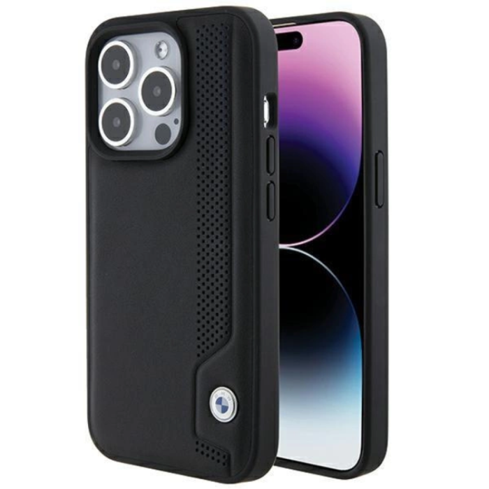 BMW - BMW iPhone 15 Pro Mobilskal Läder Blå Dots - Svart