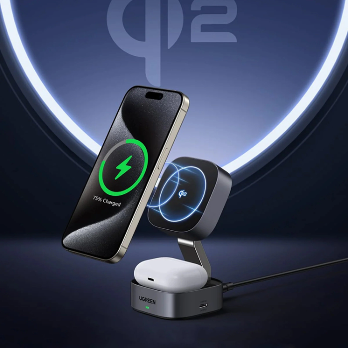 Ugreen - Ugreen 3-in-1 Trådlös Laddare Magsafe iPhone, Apple Watch, AirPods Qi2 - Svart