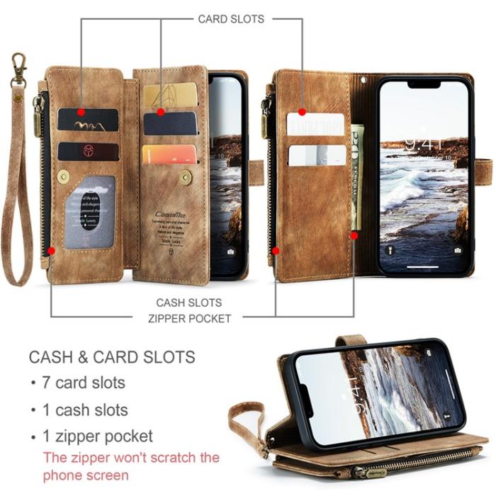 Caseme - CASEME iPhone 15 Plus Plånboksfodral C30 Zipper - Brun