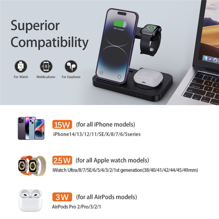 A-One Brand - 3in1 Trådlös Laddare Apple Watch, iPhone, Airpods 15W - Svart