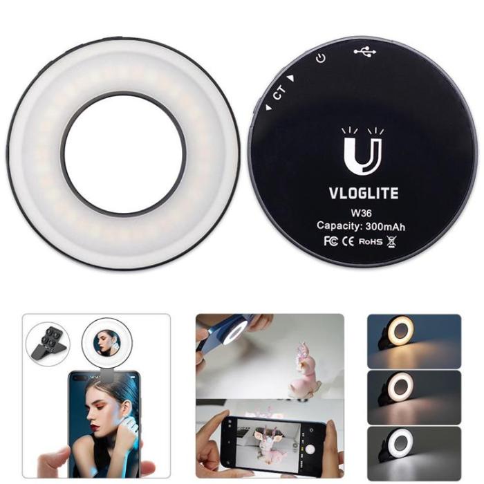 OEM - VLOGLITE Magnetisk Ringlampa för Mobil 300mAh Selfielampa med Spegel W36