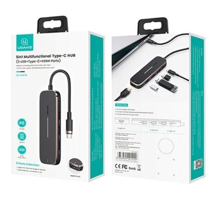 USAMS - USAMS Adapter Hubb 3xUSB-A USB-C, HDMI - Svart