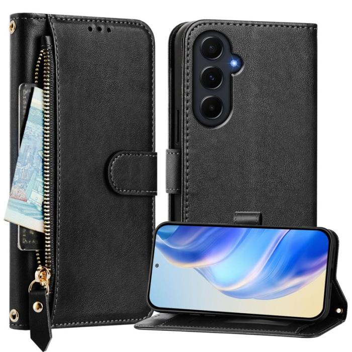 OEM - ZIZO Samsung Galaxy A55 5G Plånboksfodral Konstläder Med Dragkedja - Svart
