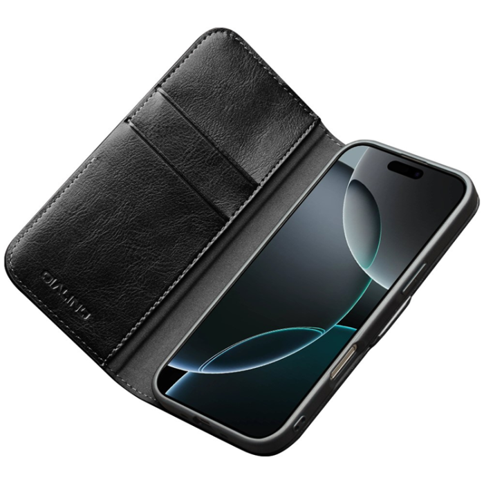 QIALINO - QIALINO iPhone 17 Plånboksfodral Äkta Läder - Svart