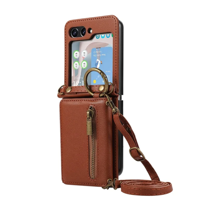A-One Brand - Galaxy Z Flip7 Plånboksfodral Zipper Kickstand med Axelrem - Brun