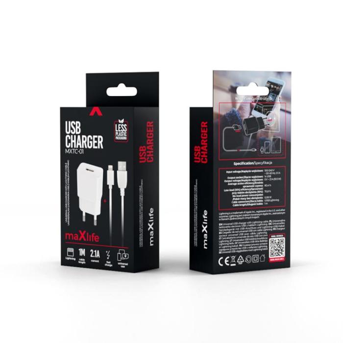 Maxlife - Maxlife Väggladdare 1x USB 2.1A + Lightning Kabel MXTC-01 - Vit