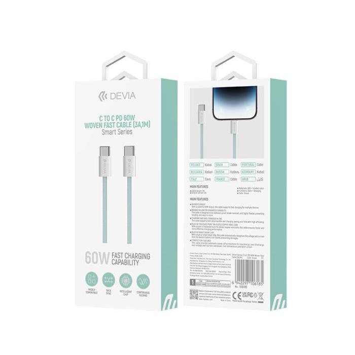 Devia - Devia USB-C Till USB-C 60W Kabel 3A 1m Smart EC325 PD Grön