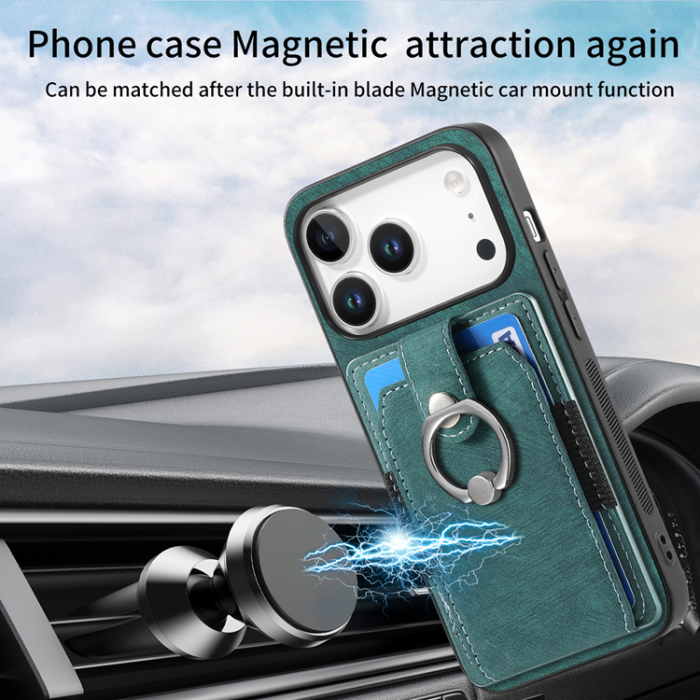 A-One Brand - iPhone 17 Pro Mobilskal med Korthållare Läder Kickstand - Grön