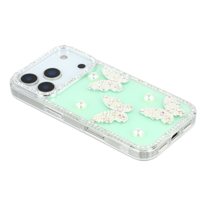 A-One Brand - iPhone 17 Pro Max Mobilskal Rhinestone Edge Pearl Butterfly