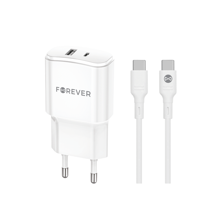 Forever Väggladdare USB/USB-C 20W med USB-C/USB-C Kabel QC PD | 505295 | AlltMobil