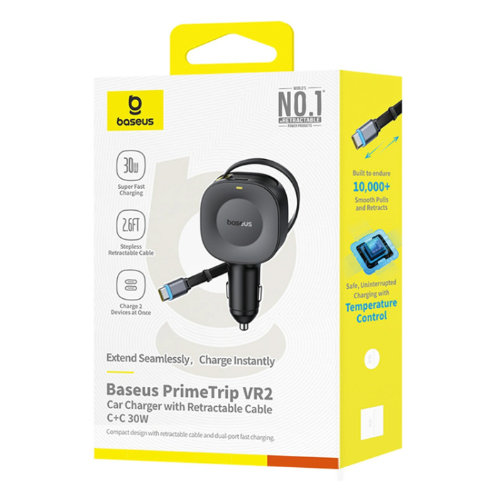 BASEUS - Baseus Billaddare 30W med Retractable Kabel PrimeTrip VR2 - Svart