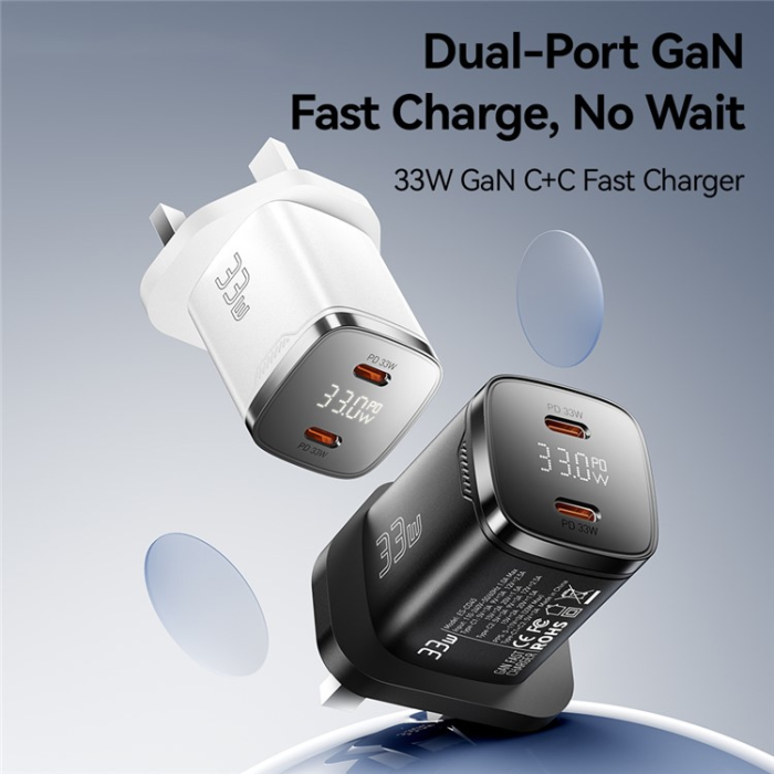 ESSAGER - ESSAGER GaN Snabbladdare 33W 2x USB-C PD med LED UK - Vit