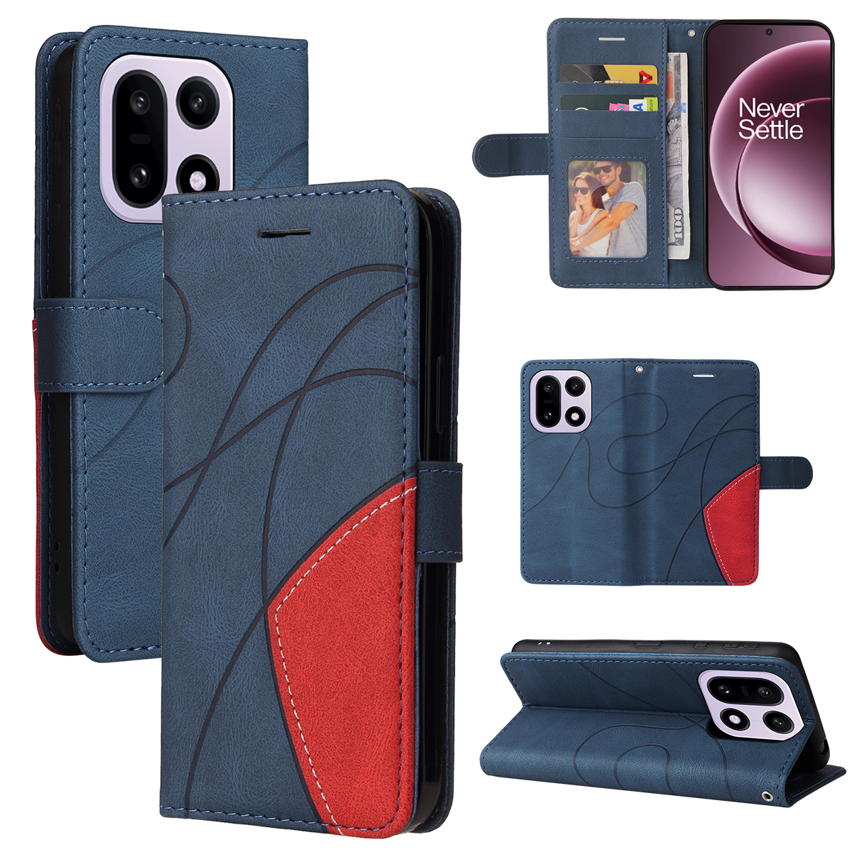 OnePlus 15 5G Konstläder Plånboksfodral Bi-Färg Splicing Desig (Blå) | 2353 | AlltMobil