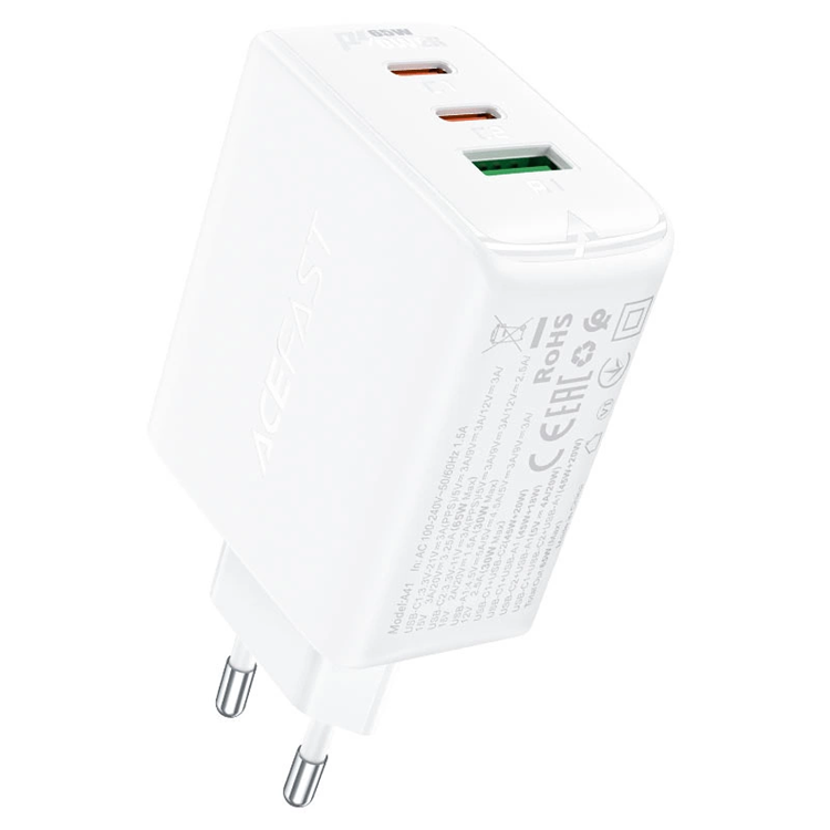 Acefast GaN Snabbladdare 2x USB-C USB-A QC4+ 65W - Vit | 505295 | AlltMobil