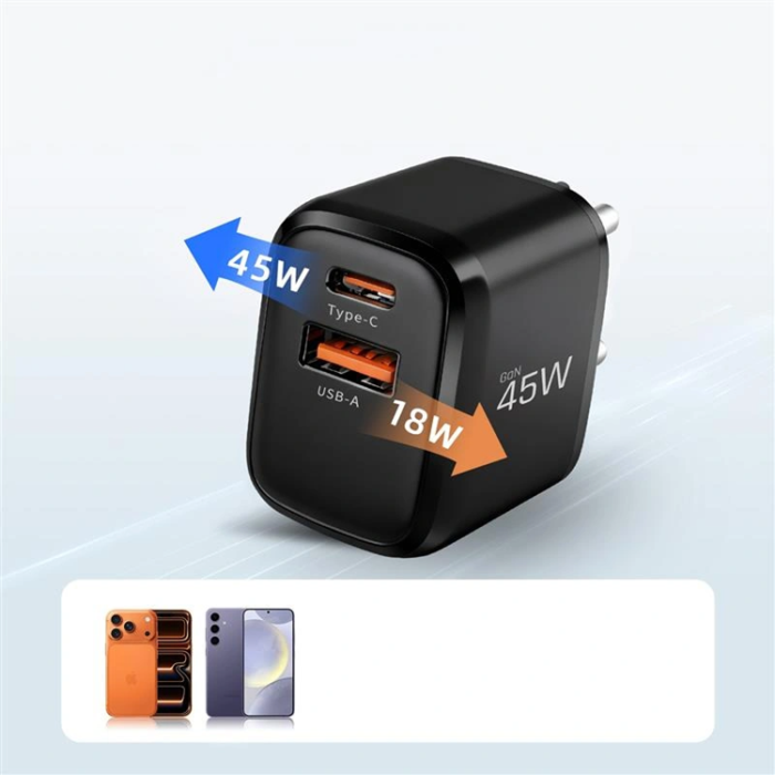 Tech-Protect - Tech-Protect 2-Port Snabbladdare 45W QC3.0 NCA45W-GAN med Kabel - Svart