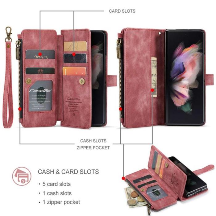 Caseme - CASEME Galaxy Z Fold 4 Plånboksfodral Zipper PU-Läder Stativ - Röd