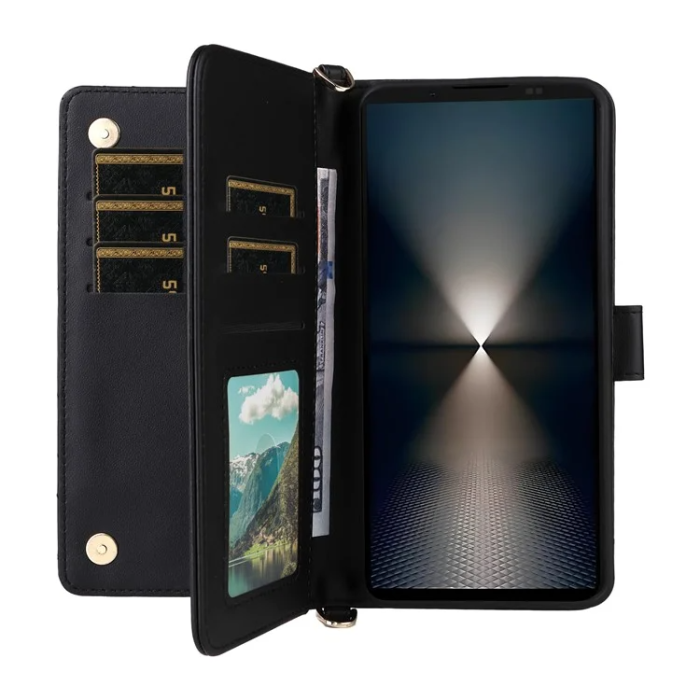 A-One Brand - Sony Xperia 1 VII Plånboksfodral Kickstand med Axelrem - Svart