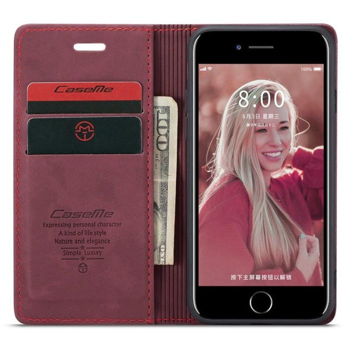 Caseme - CASEME 013 Mobilskal KonstLäder med Plånboksfodral för iPhone 8/7/SE - Vinröd
