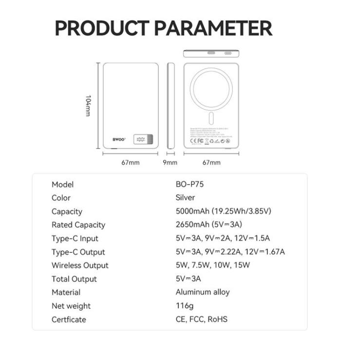 BWOO - BWOO MagSafe Powerbank 5000mAh 20W med Display P75 - Silver