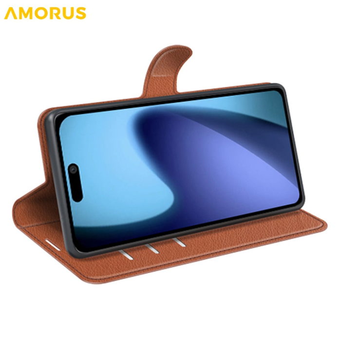 Amorus - AMORUS iPhone Air Plånboksfodral Flipstativ Litchi - Brun