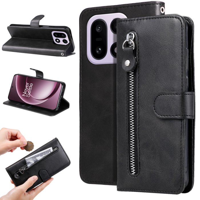 A-One Brand - OnePlus 15 5G Plånboksfodral Zipper Pocket PU Läder - Svart