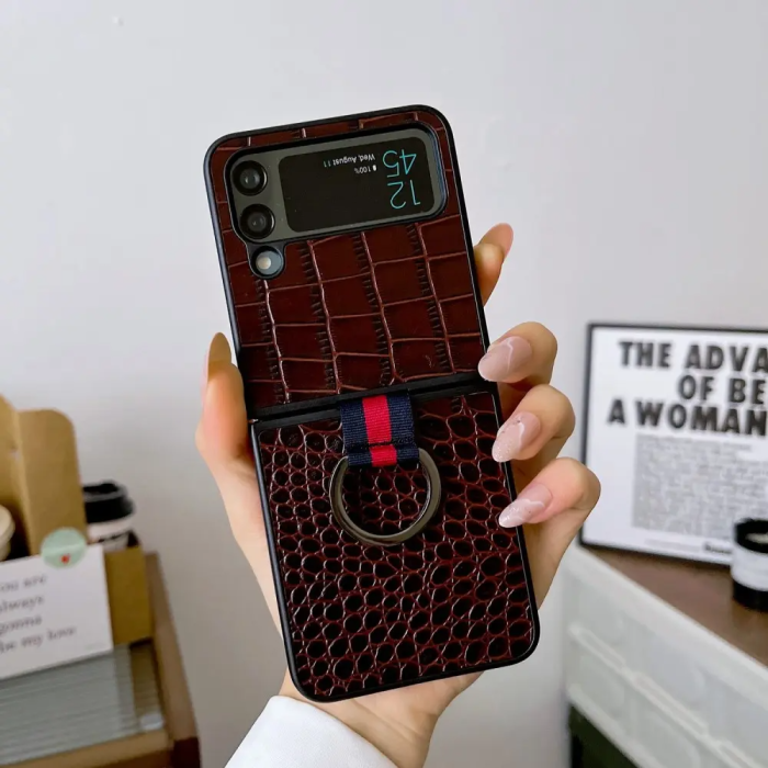 Taltech - Galaxy Z Flip4 5G Mobilskal Ringhållare Äkta läder - Kaffe