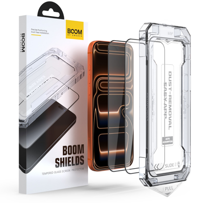 BOOM iPhone 17 Pro härdat glas skärmskydd livstidsgaranti 9H crystal clear protection tillbehör