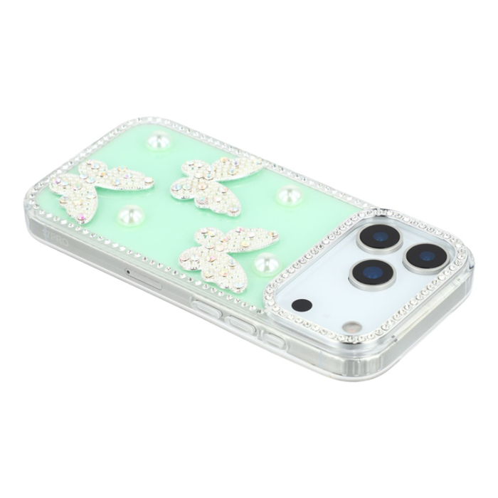 A-One Brand - iPhone 17 Pro Max Mobilskal Rhinestone Edge Pearl Butterfly