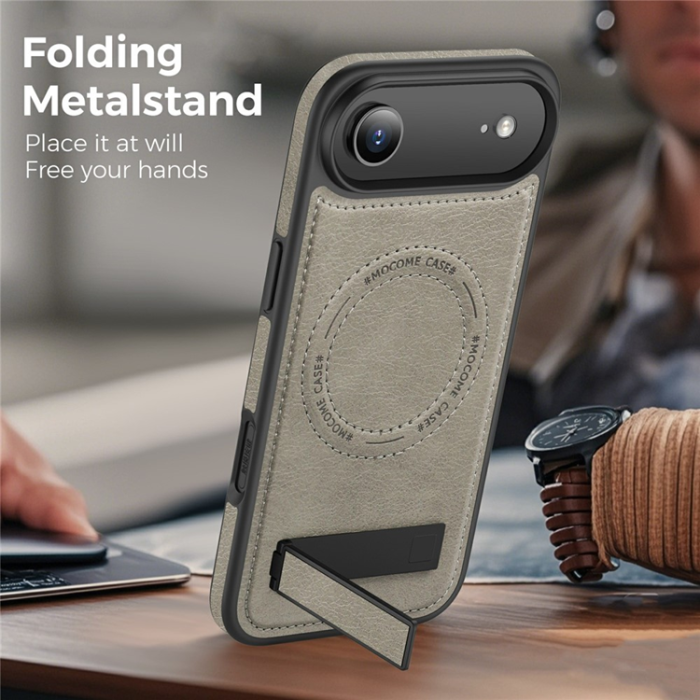 A-One Brand - iPhone Air Mobilskal MagSafe Kickstand Läder - Titanium Grå
