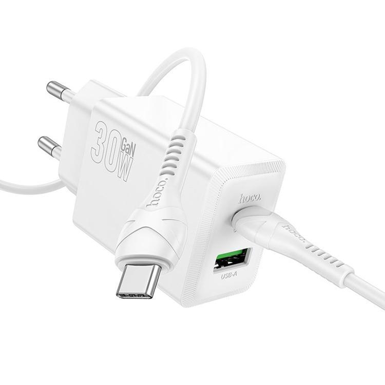 Hoco Snabbladdare PD 30W USB-A USB-C QC3.0 AFC 3A med USB-C Kabel N71 - Vit | 505295 | AlltMobil