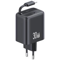 USAMS - USAMS V&auml;ggladdare 1xUSB-C m utdragbar kabel PD+QC 30W GaN - Svart