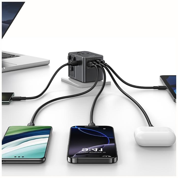 USAMS - USAMS Reseladdare Adapter CC310 3xUSB-C 70W 4-i-1 US/AU/EU/UK – Svart