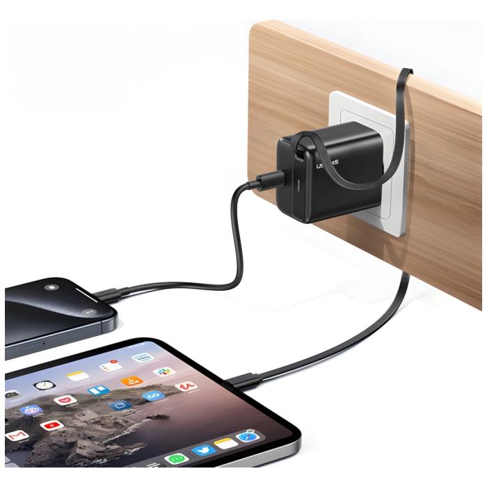 USAMS - USAMS Väggladdare 1xUSB-C m utdragbar kabel PD+QC 30W GaN - Svart