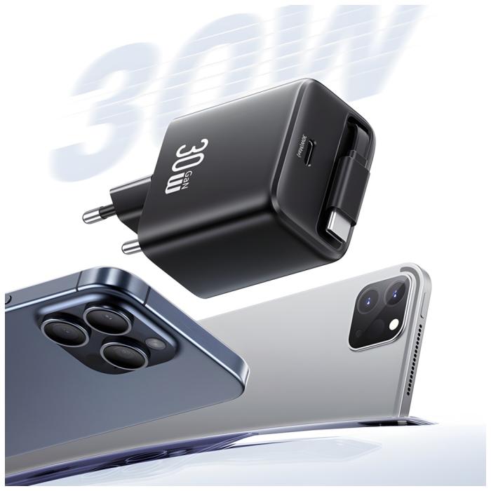 USAMS - USAMS Väggladdare 1xUSB-C m utdragbar kabel PD+QC 30W GaN - Svart