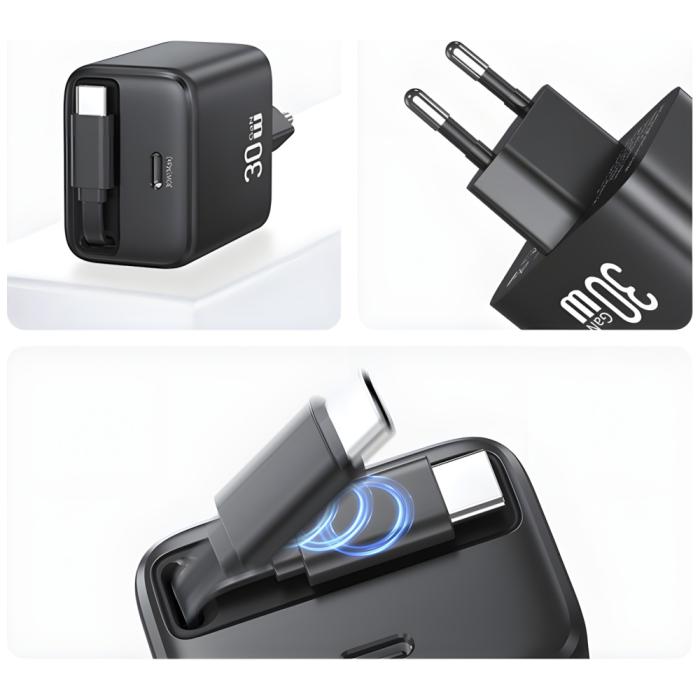 USAMS - USAMS Väggladdare 1xUSB-C m utdragbar kabel PD+QC 30W GaN - Svart