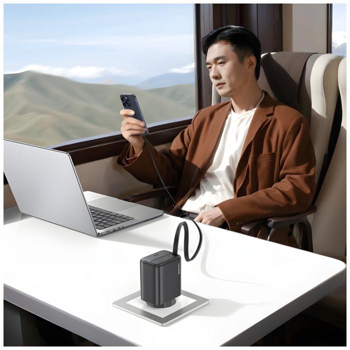 USAMS - USAMS Väggladdare 1xUSB-C m utdragbar kabel PD+QC 30W GaN - Svart