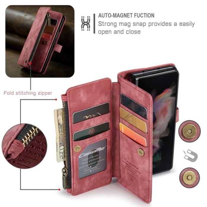 Caseme - CASEME Galaxy Z Fold 4 Plånboksfodral Zipper PU-Läder Stativ - Röd