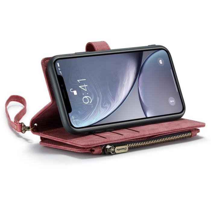 Caseme - CASEME Konstläder Plånboksfodral för iPhone XR med Rem och Kortfack - Röd