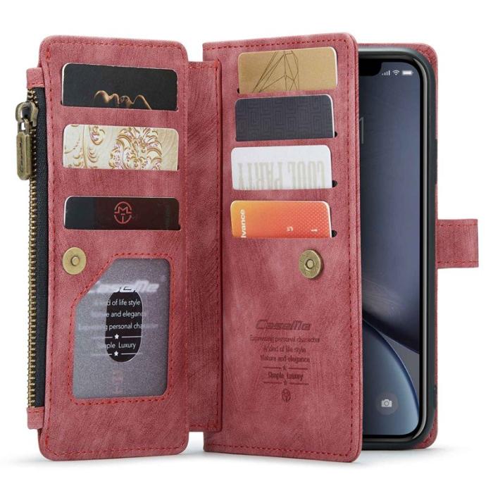 Caseme - CASEME Konstläder Plånboksfodral för iPhone XR med Rem och Kortfack - Röd