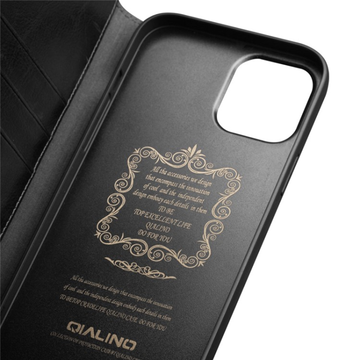 QIALINO - QIALINO iPhone 13 Plånboksfodral Äkta Läder Cowhide - Svart