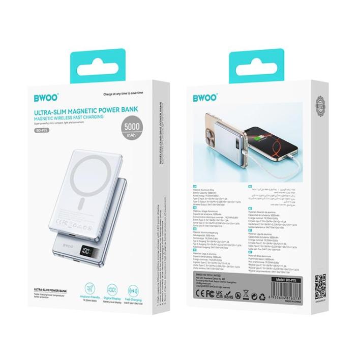BWOO - BWOO MagSafe Powerbank 5000mAh 20W med Display P75 - Silver