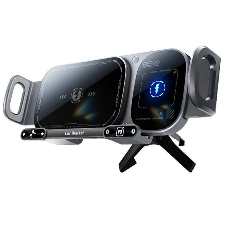 Bilhållare med 15W Trådlös Laddare Stativ med Dubbla Spolar SD01 - Grå | 505295 | AlltMobil