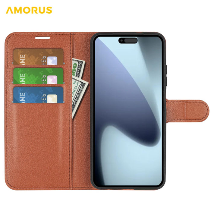 Amorus - AMORUS iPhone 17 Plånboksfodral Flipstativ Litchi - Brun