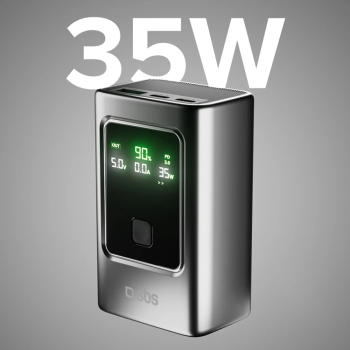 SBS - SBS Powerbank 10000mAh 35W PD med LCD - Grå