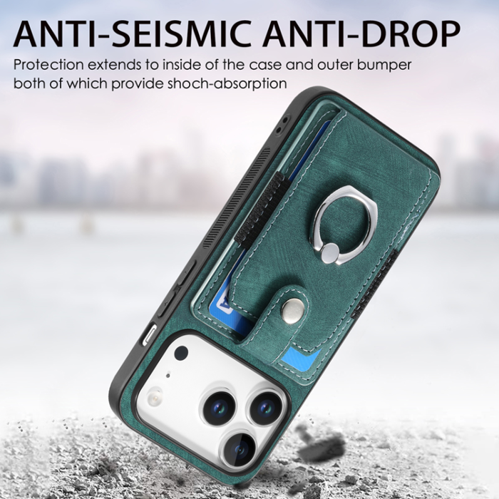 A-One Brand - iPhone 17 Pro Mobilskal med Korthållare Läder Kickstand - Grön