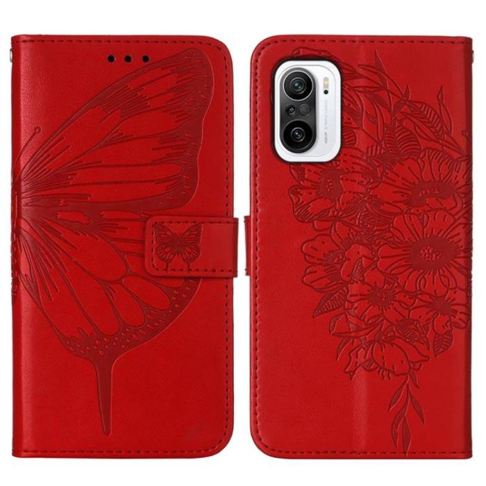 OEM - Butterfly Flower Imprinted Plånboksfodral Xiaomi 12 Pro - Röd